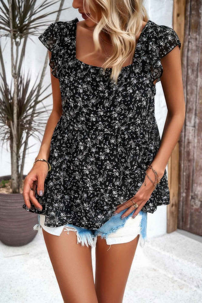Floral Print Square Neck Ruffle Sleeve Tiered Blouse