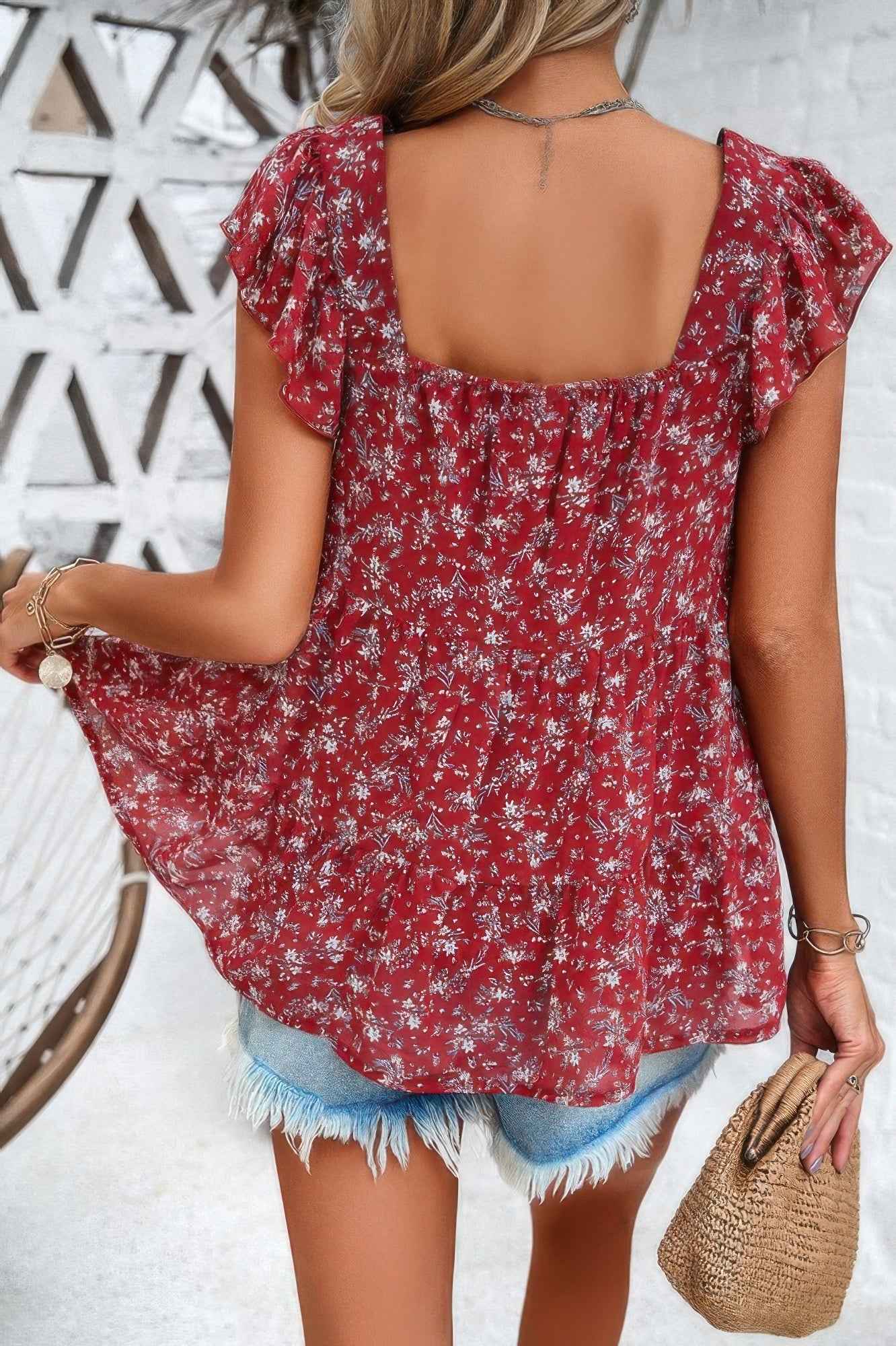 Floral Print Square Neck Ruffle Sleeve Tiered Blouse