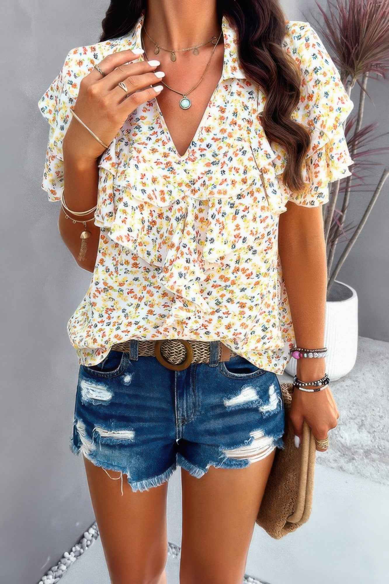 Floral Printed Ruffle Sleeve V Neck Loose Blouse