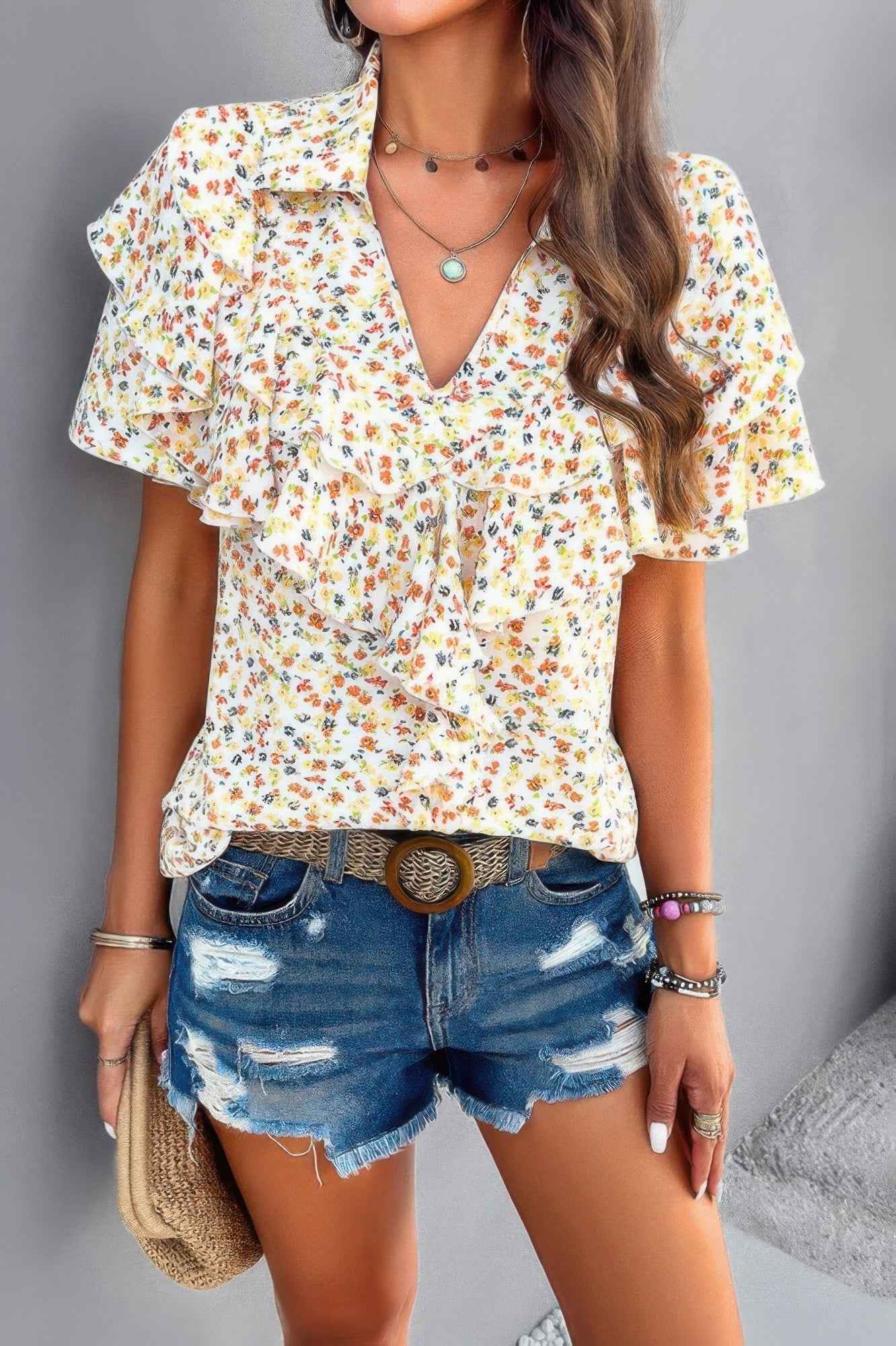 Floral Printed Ruffle Sleeve V Neck Loose Blouse