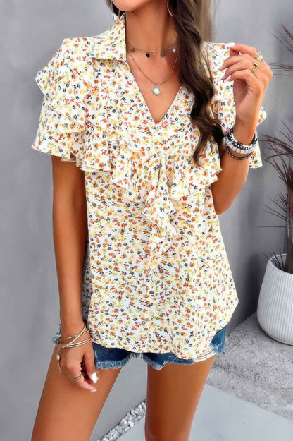 Floral Printed Ruffle Sleeve V Neck Loose Blouse