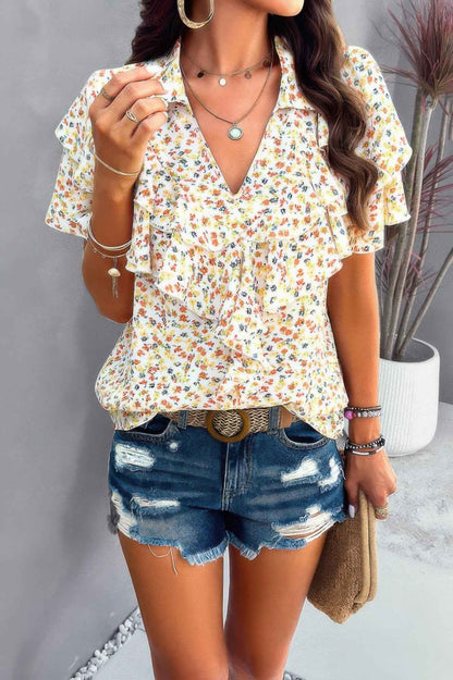 Floral Printed Ruffle Sleeve V Neck Loose Blouse