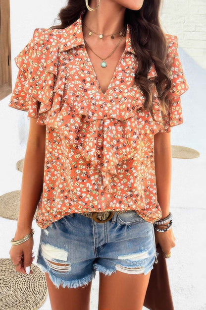 Floral Printed Ruffle Sleeve V Neck Loose Blouse