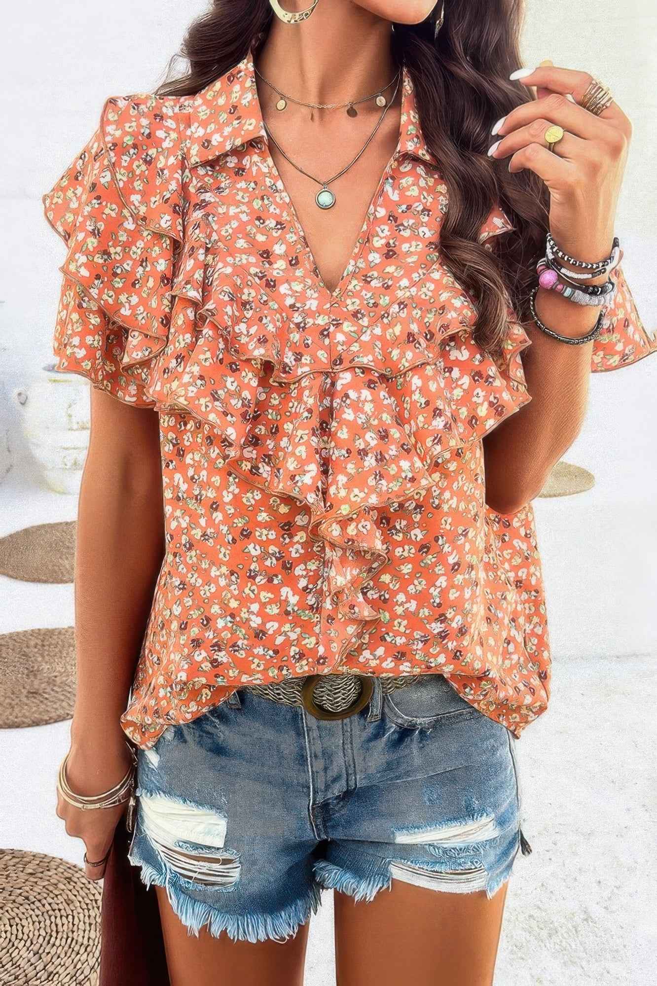 Floral Printed Ruffle Sleeve V Neck Loose Blouse
