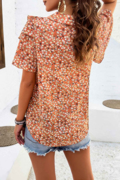 Floral Printed Ruffle Sleeve V Neck Loose Blouse