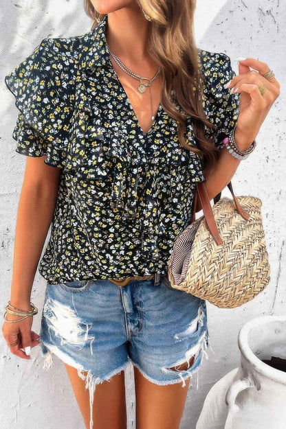 Floral Printed Ruffle Sleeve V Neck Loose Blouse