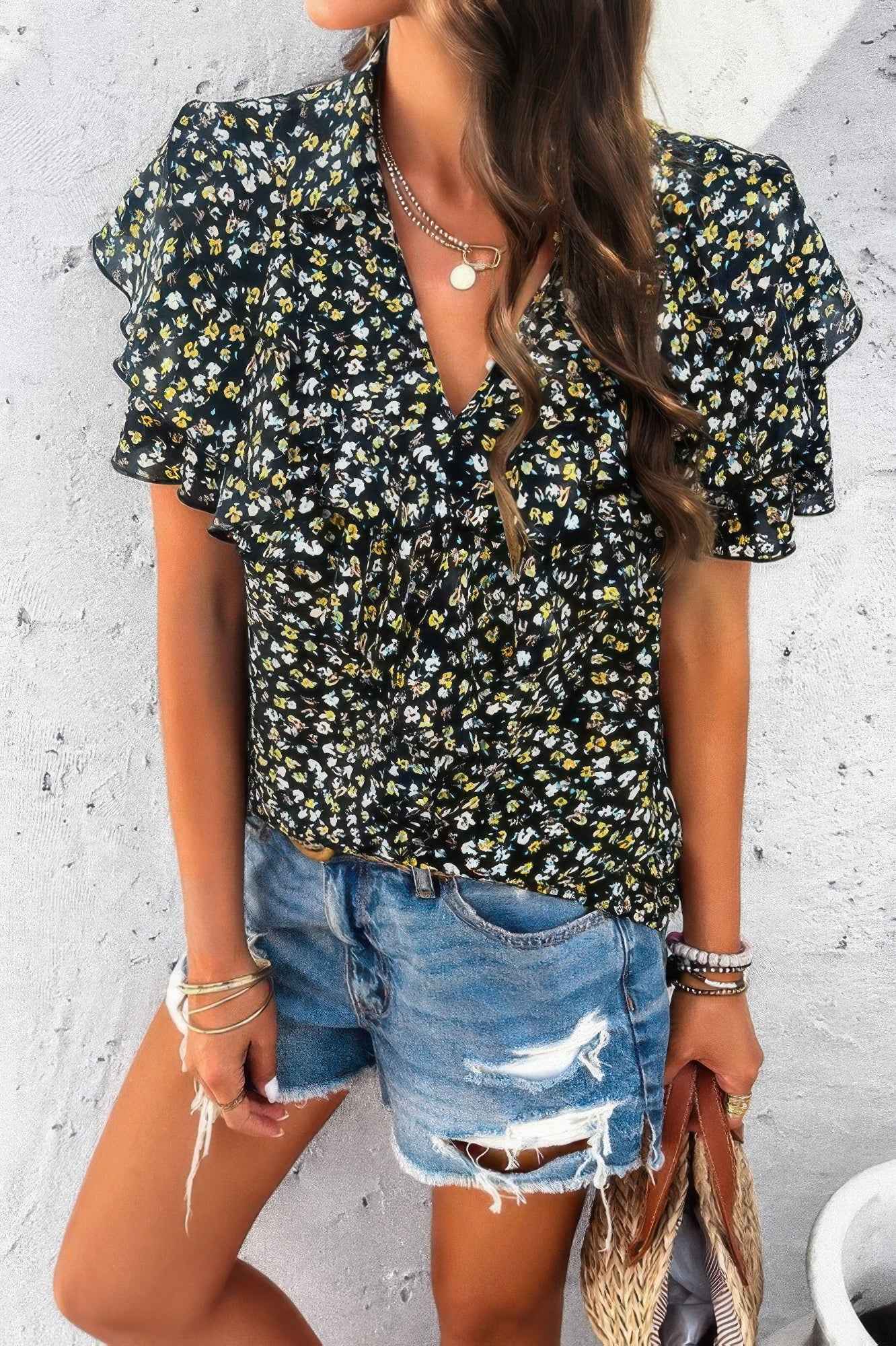 Floral Printed Ruffle Sleeve V Neck Loose Blouse