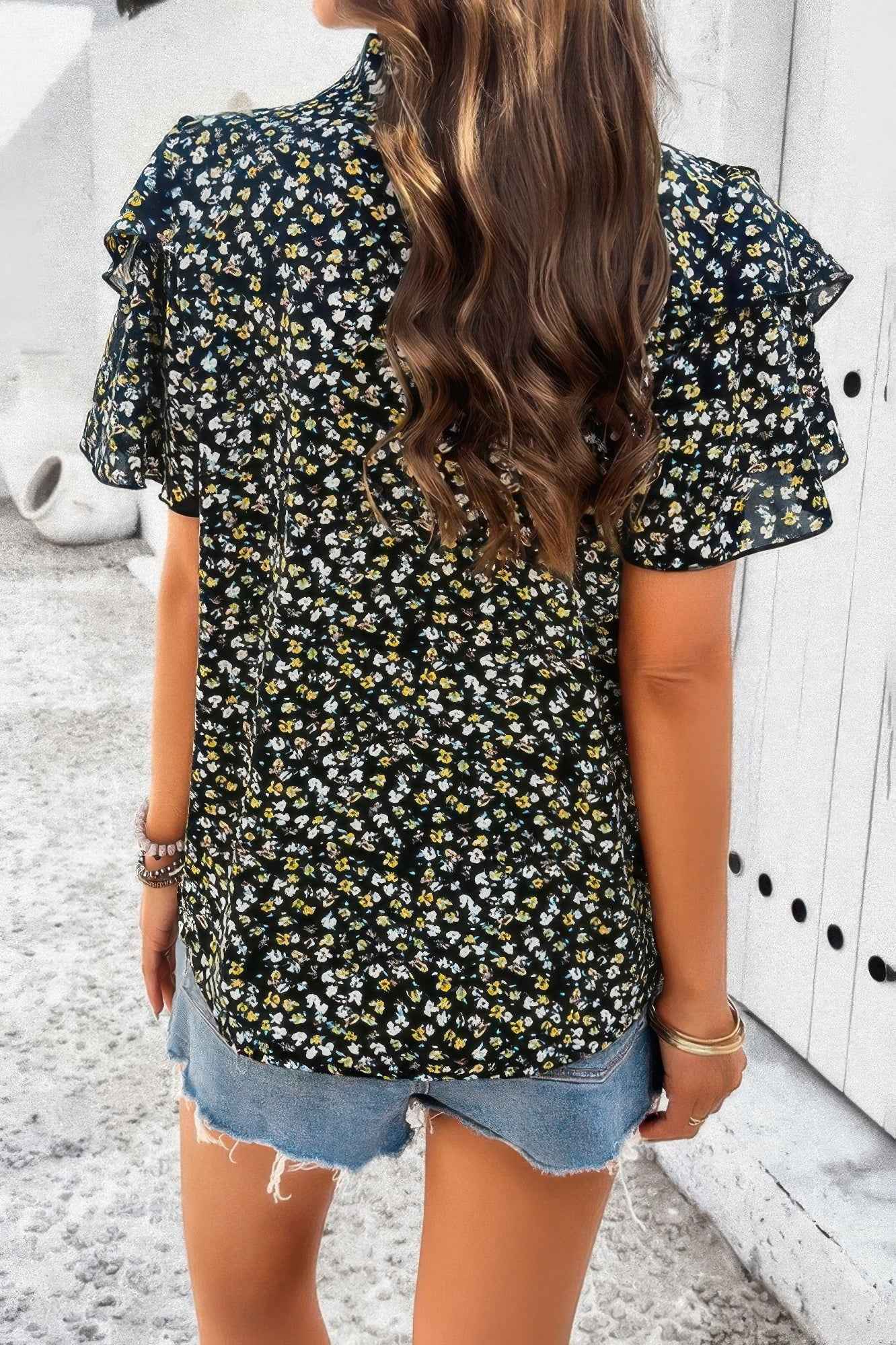 Floral Printed Ruffle Sleeve V Neck Loose Blouse