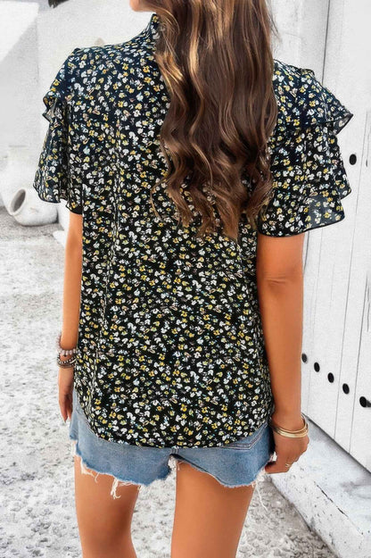 Floral Printed Ruffle Sleeve V Neck Loose Blouse