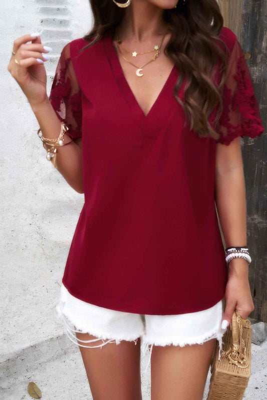 Solid Lace Floral V Neck Short Sleeve Shirt