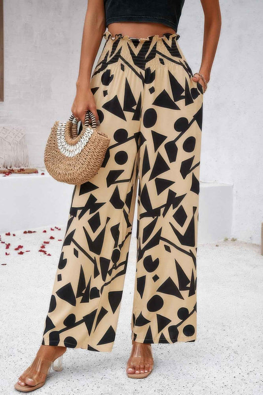 Allover Print Folded Frill Wide Leg High Waist Pant