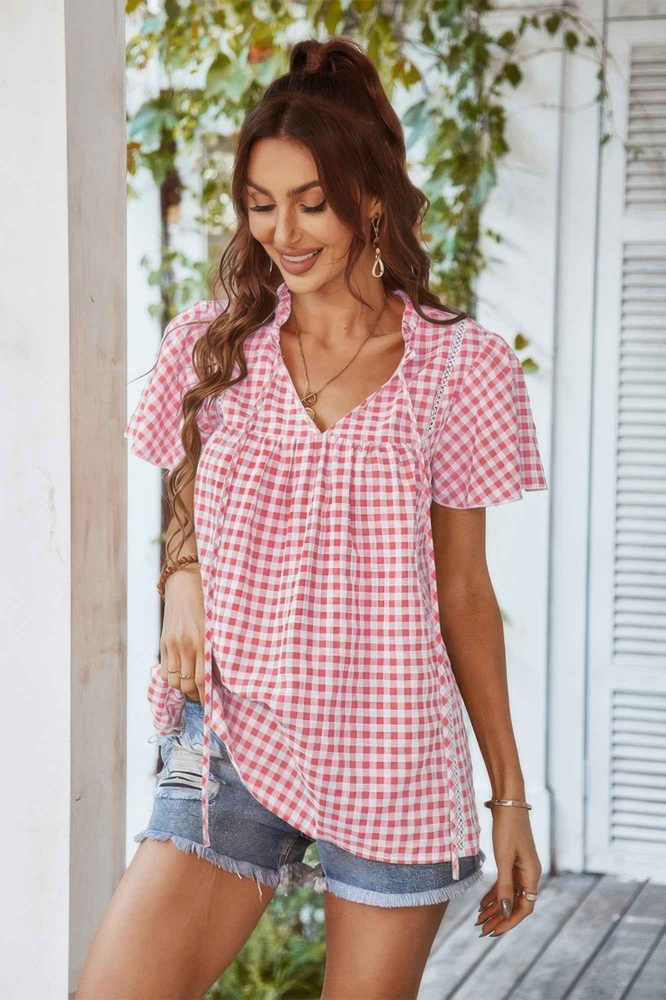 Gingham V Neck Plaid Loose Drawstring Blouse