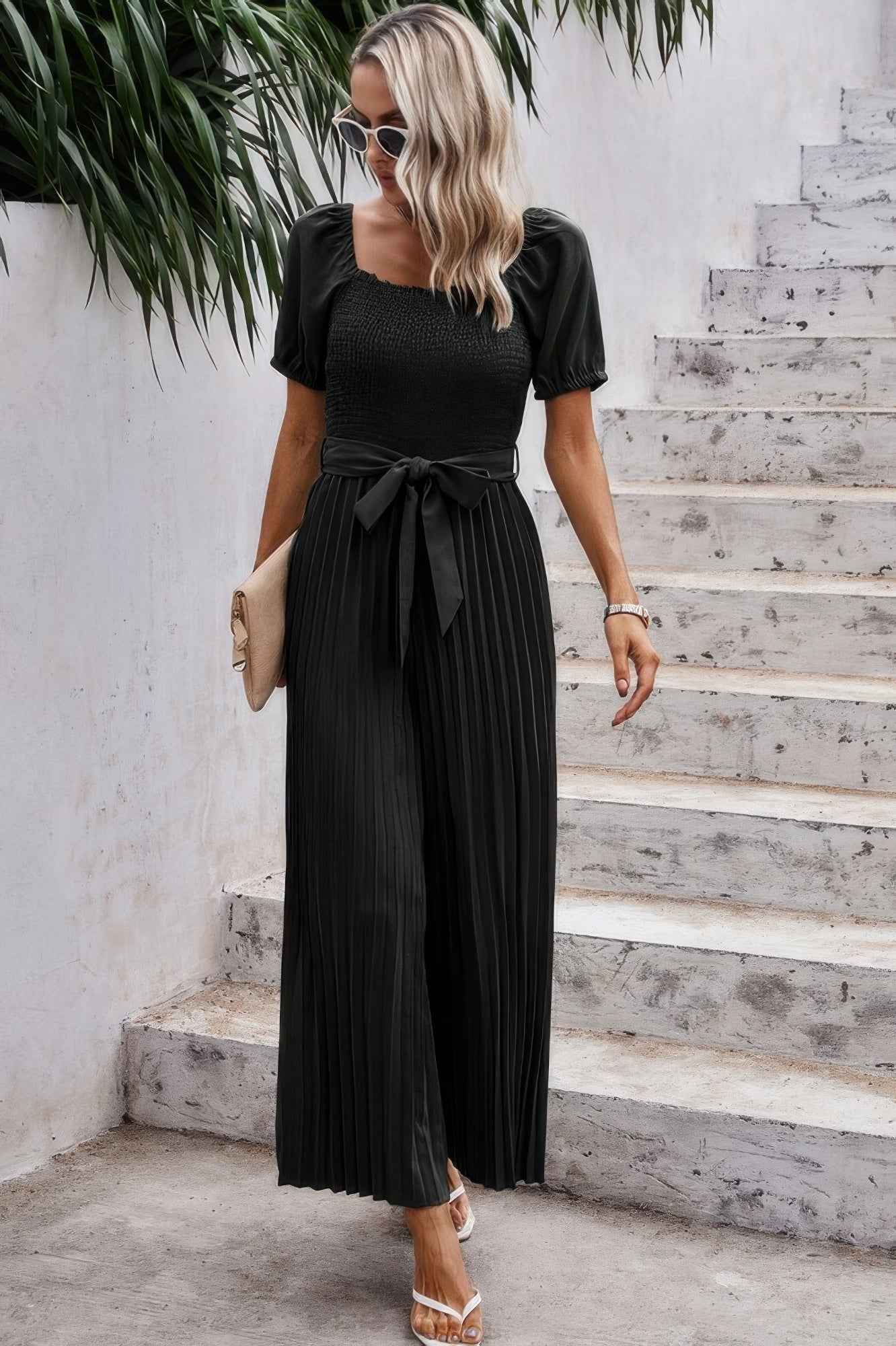 Square Neck Ruffle Trim Belted Pleated Jumpsuit