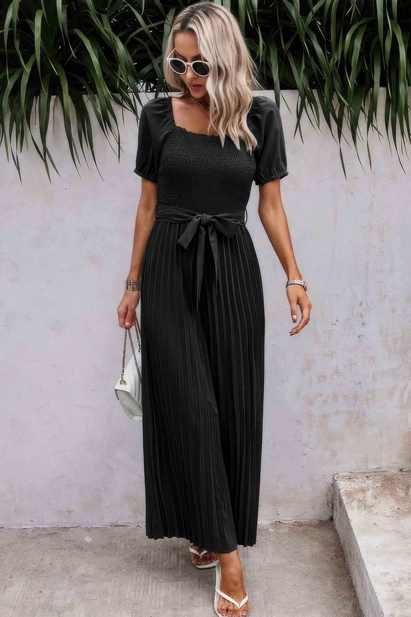 Square Neck Ruffle Trim Belted Pleated Jumpsuit