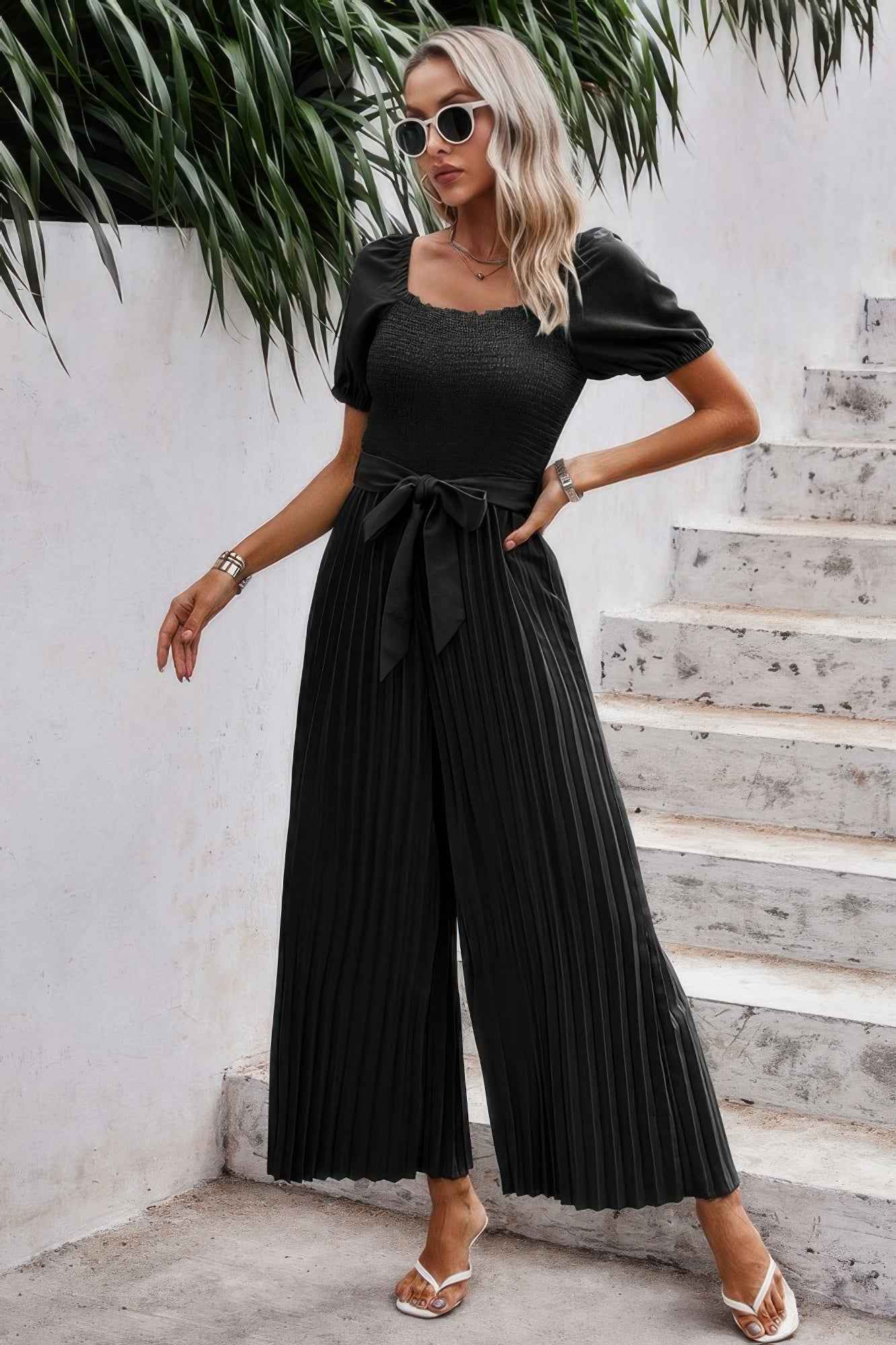 Square Neck Ruffle Trim Belted Pleated Jumpsuit