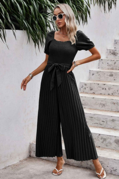 Square Neck Ruffle Trim Belted Pleated Jumpsuit