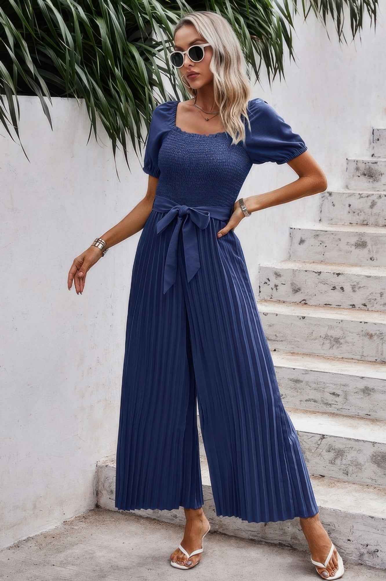 Square Neck Ruffle Trim Belted Pleated Jumpsuit