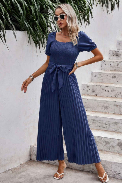 Square Neck Ruffle Trim Belted Pleated Jumpsuit