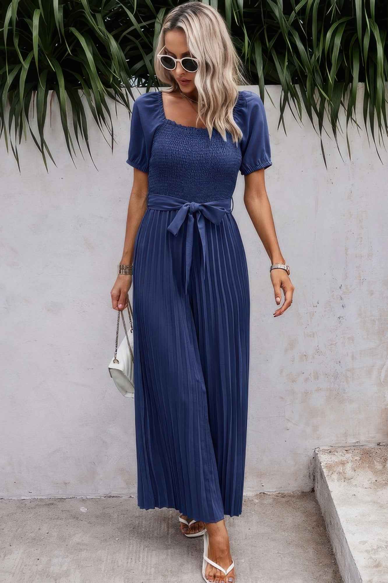 Square Neck Ruffle Trim Belted Pleated Jumpsuit