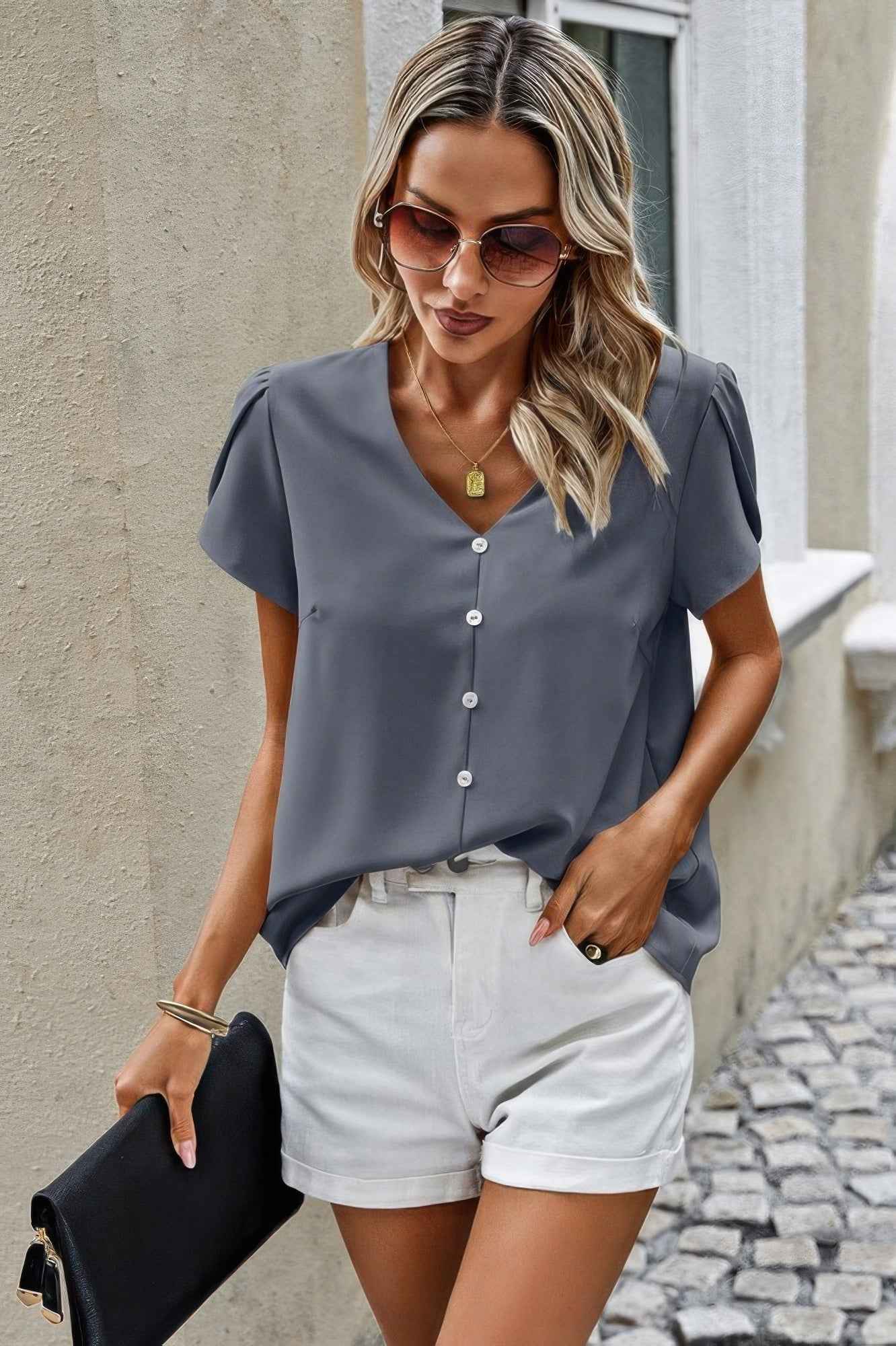 Solid Button Trim V Neck Loose Fit Blouse