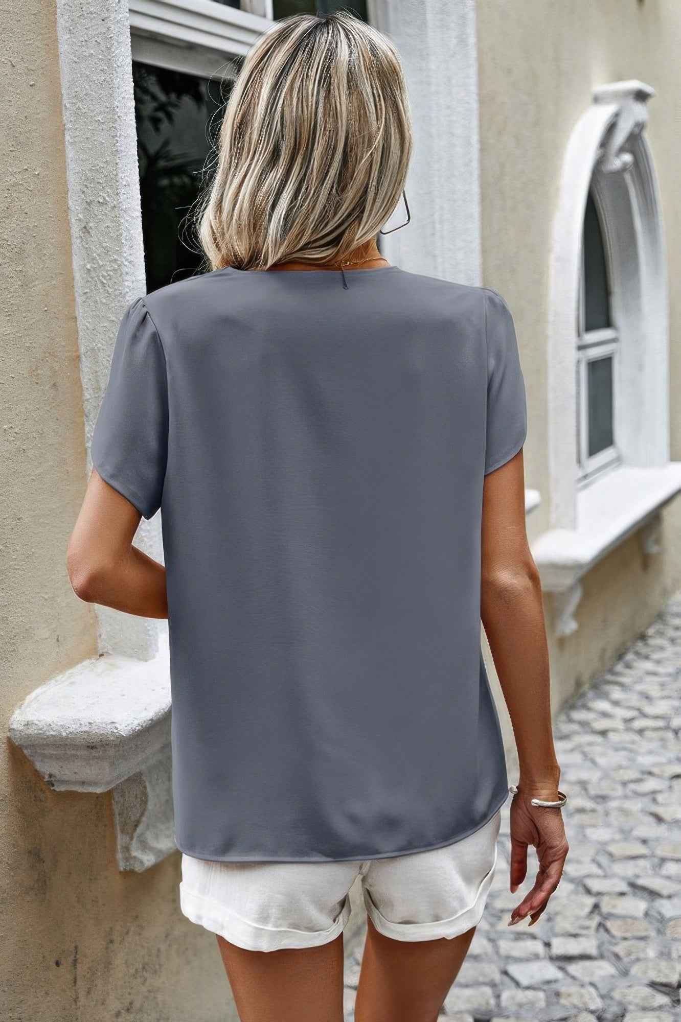 Solid Button Trim V Neck Loose Fit Blouse