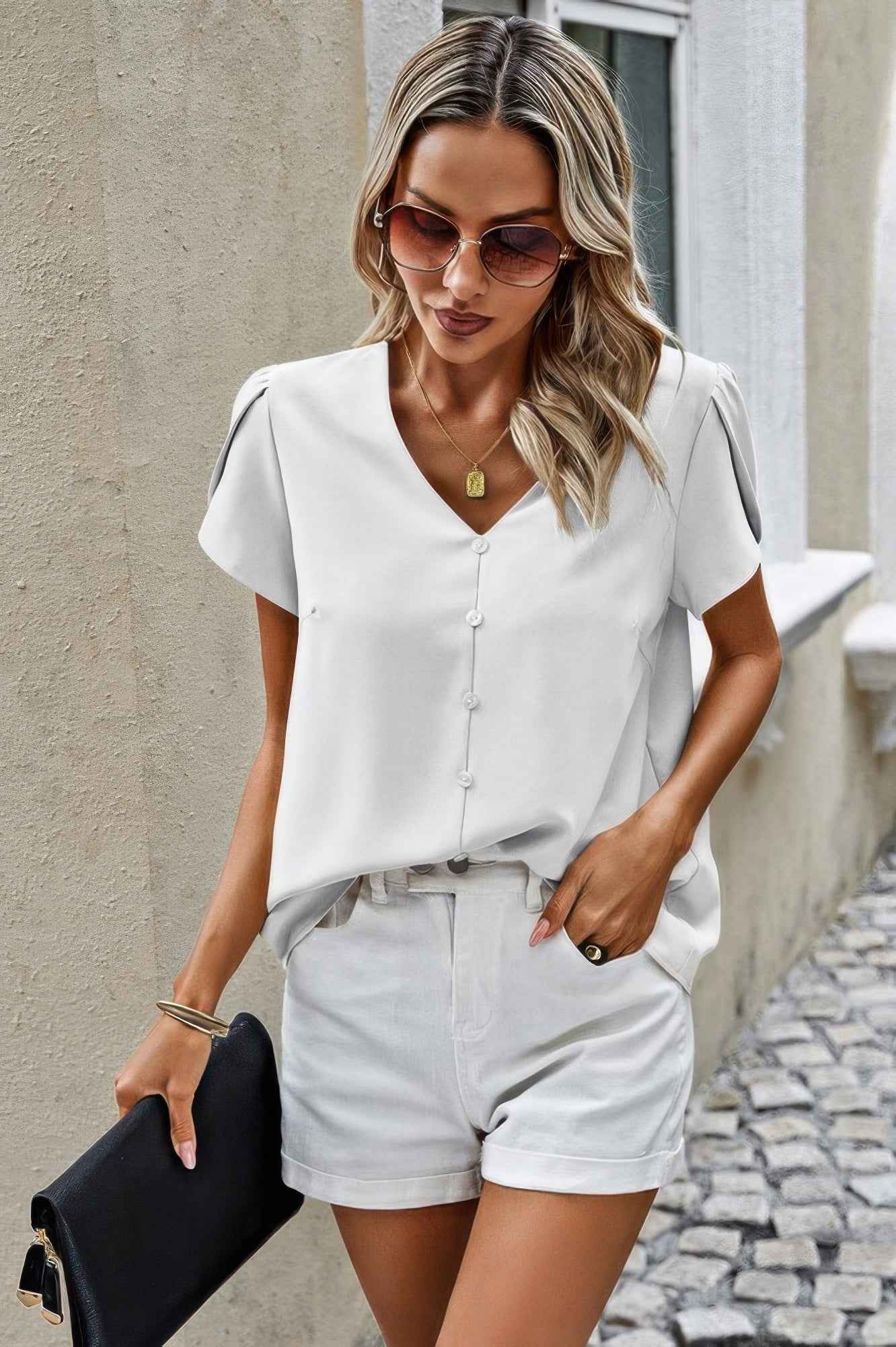Solid Button Trim V Neck Loose Fit Blouse