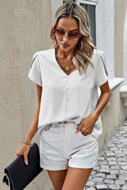 Solid Button Trim V Neck Loose Fit Blouse