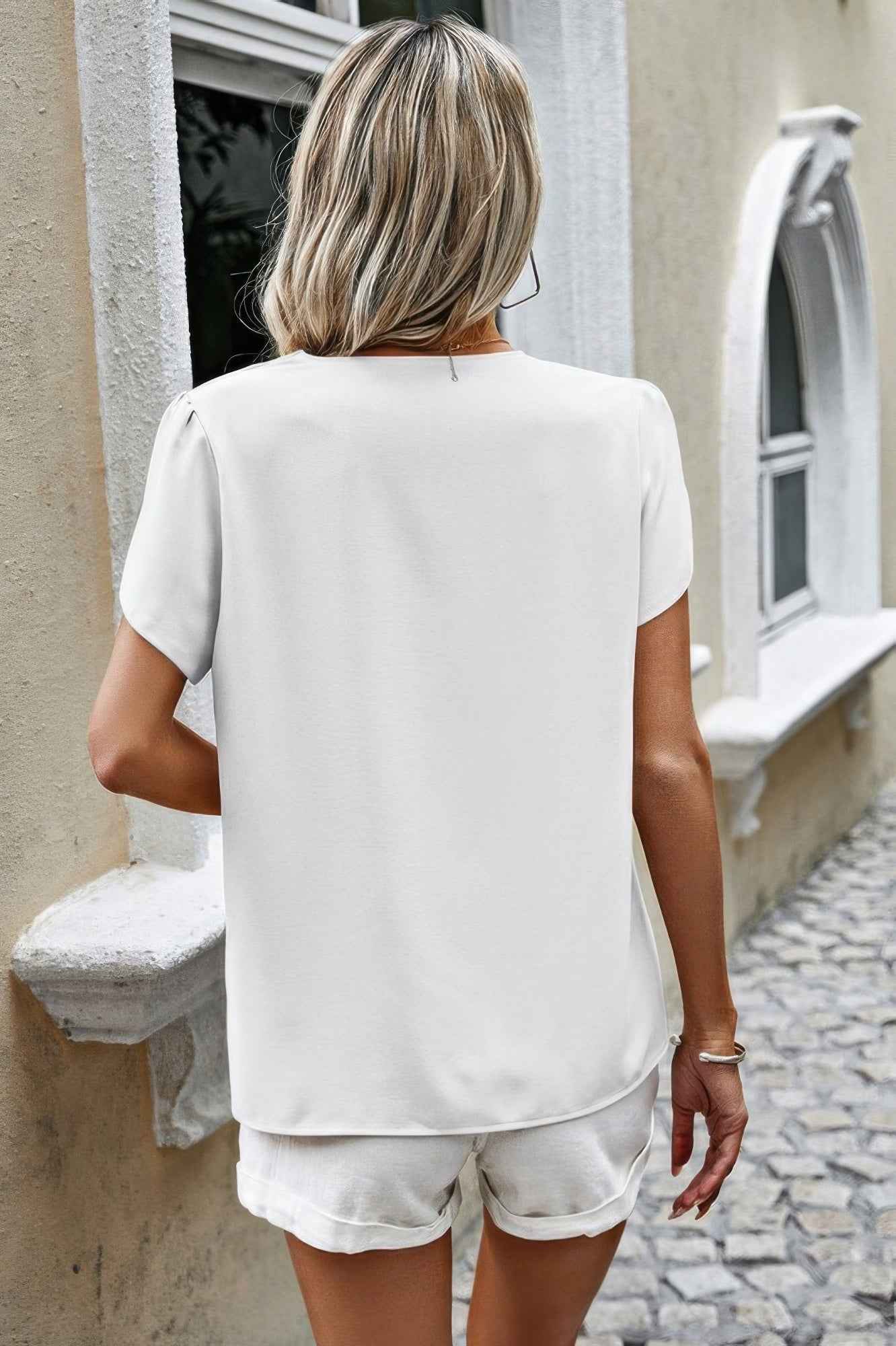 Solid Button Trim V Neck Loose Fit Blouse