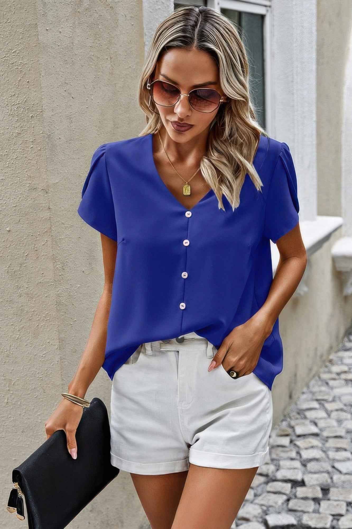 Solid Button Trim V Neck Loose Fit Blouse