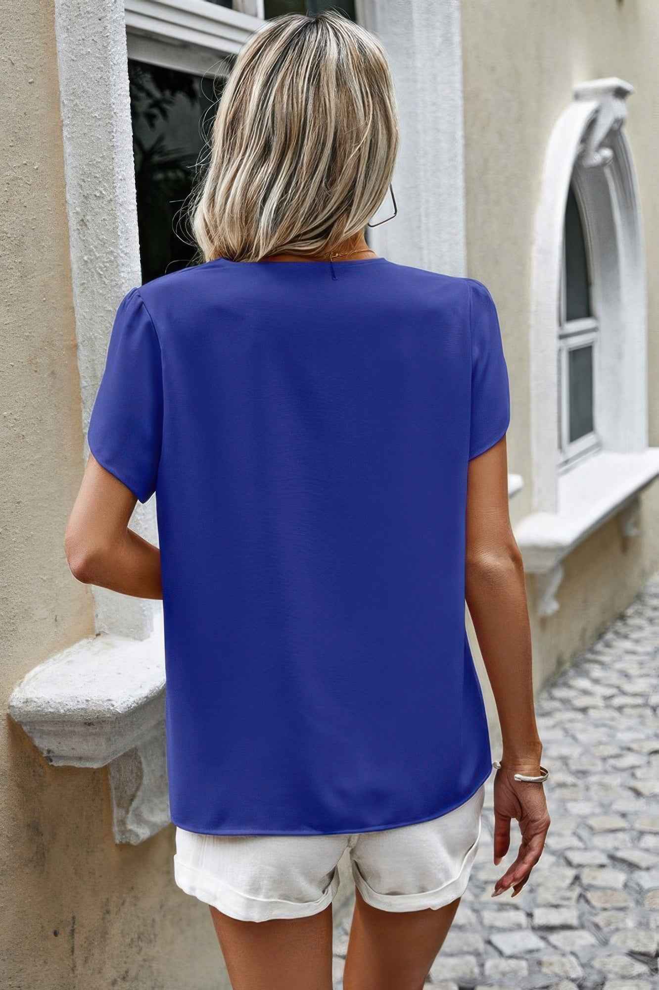 Solid Button Trim V Neck Loose Fit Blouse