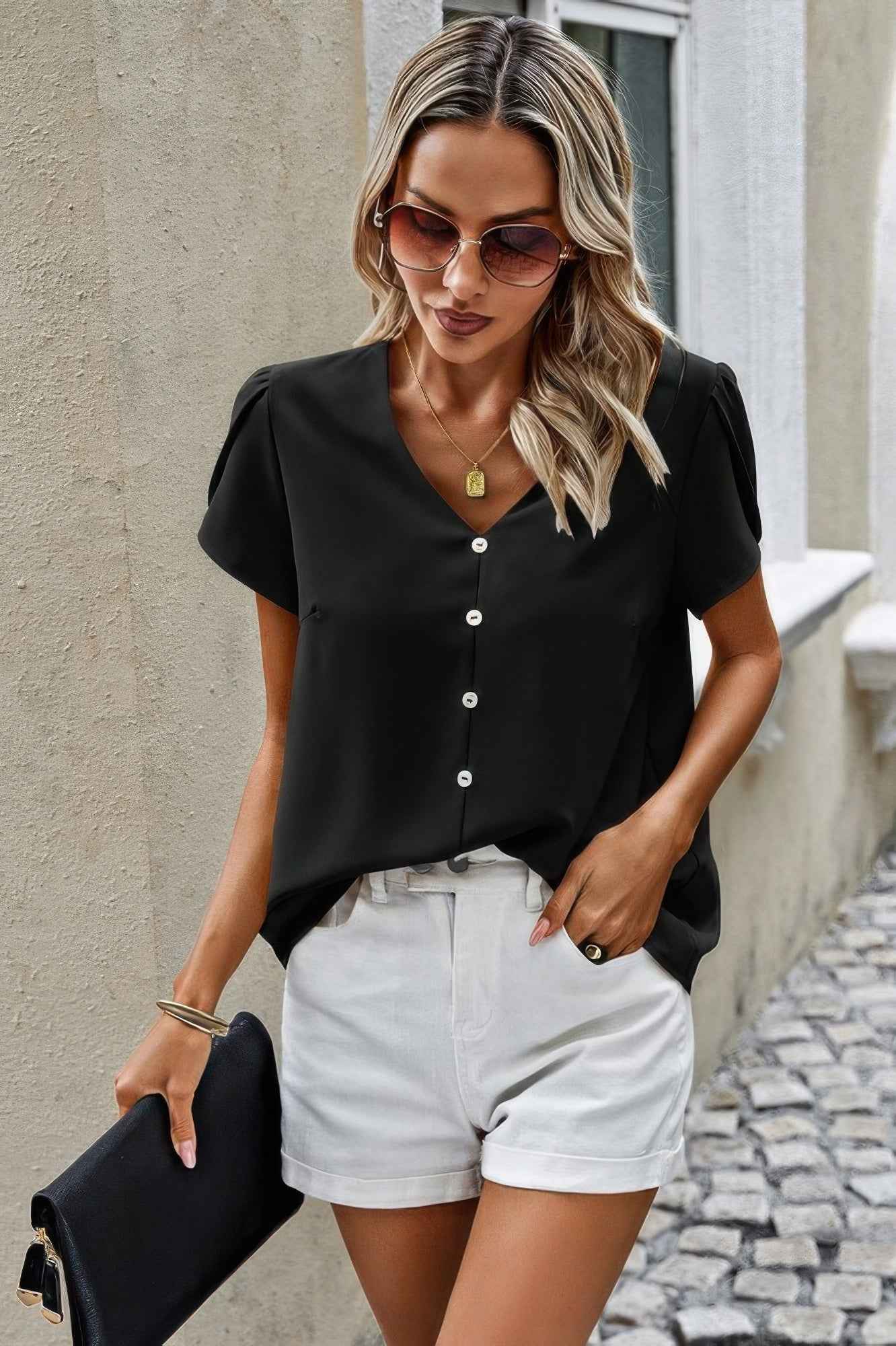 Solid Button Trim V Neck Loose Fit Blouse