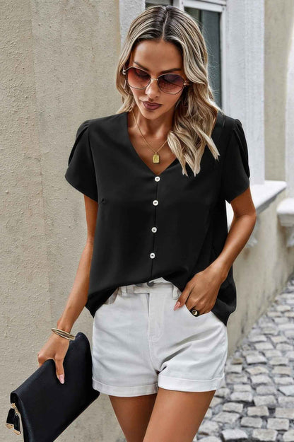 Solid Button Trim V Neck Loose Fit Blouse