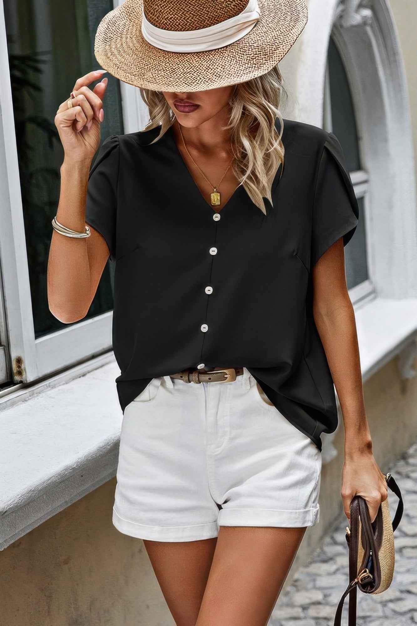 Solid Button Trim V Neck Loose Fit Blouse