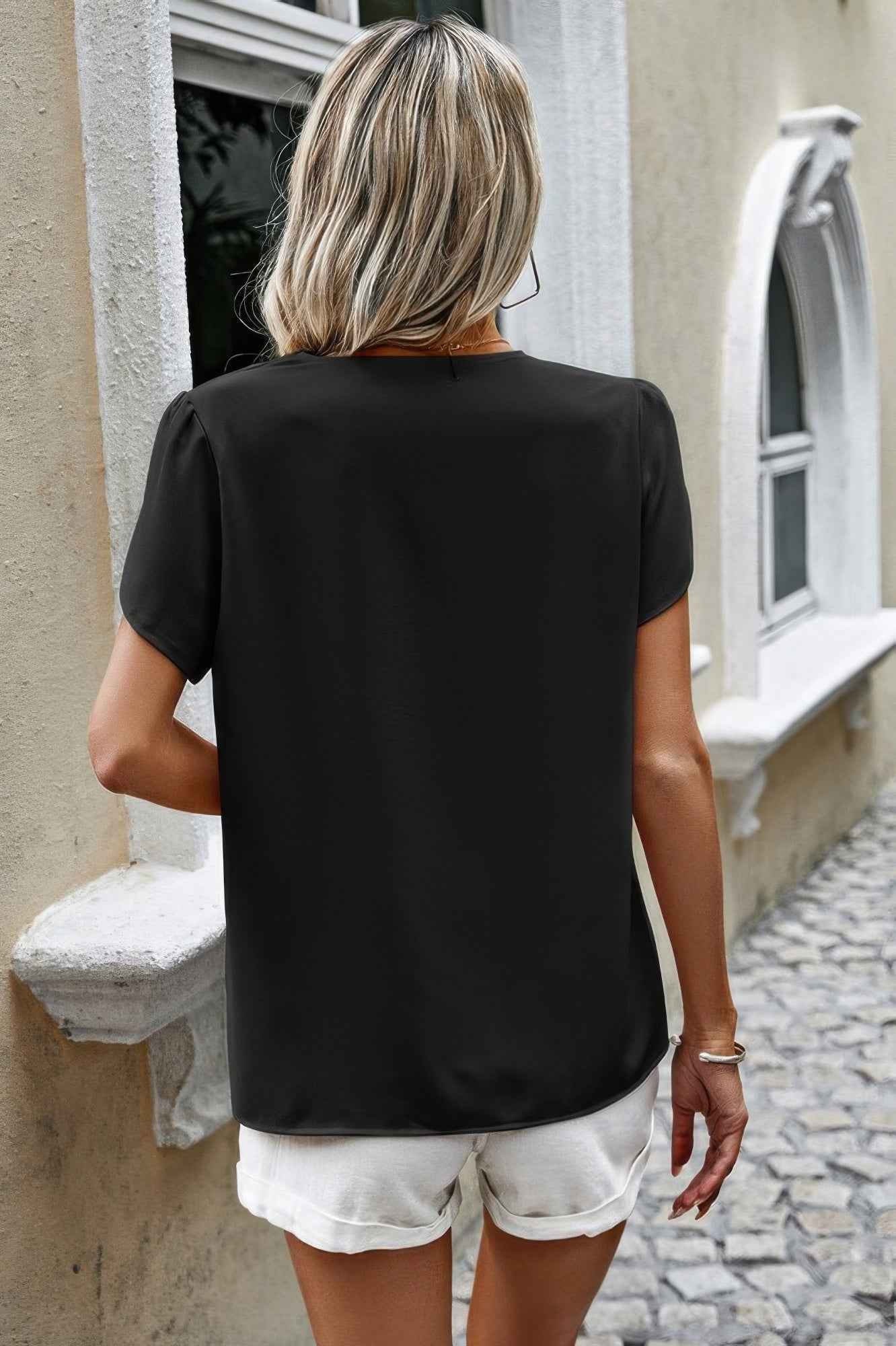 Solid Button Trim V Neck Loose Fit Blouse