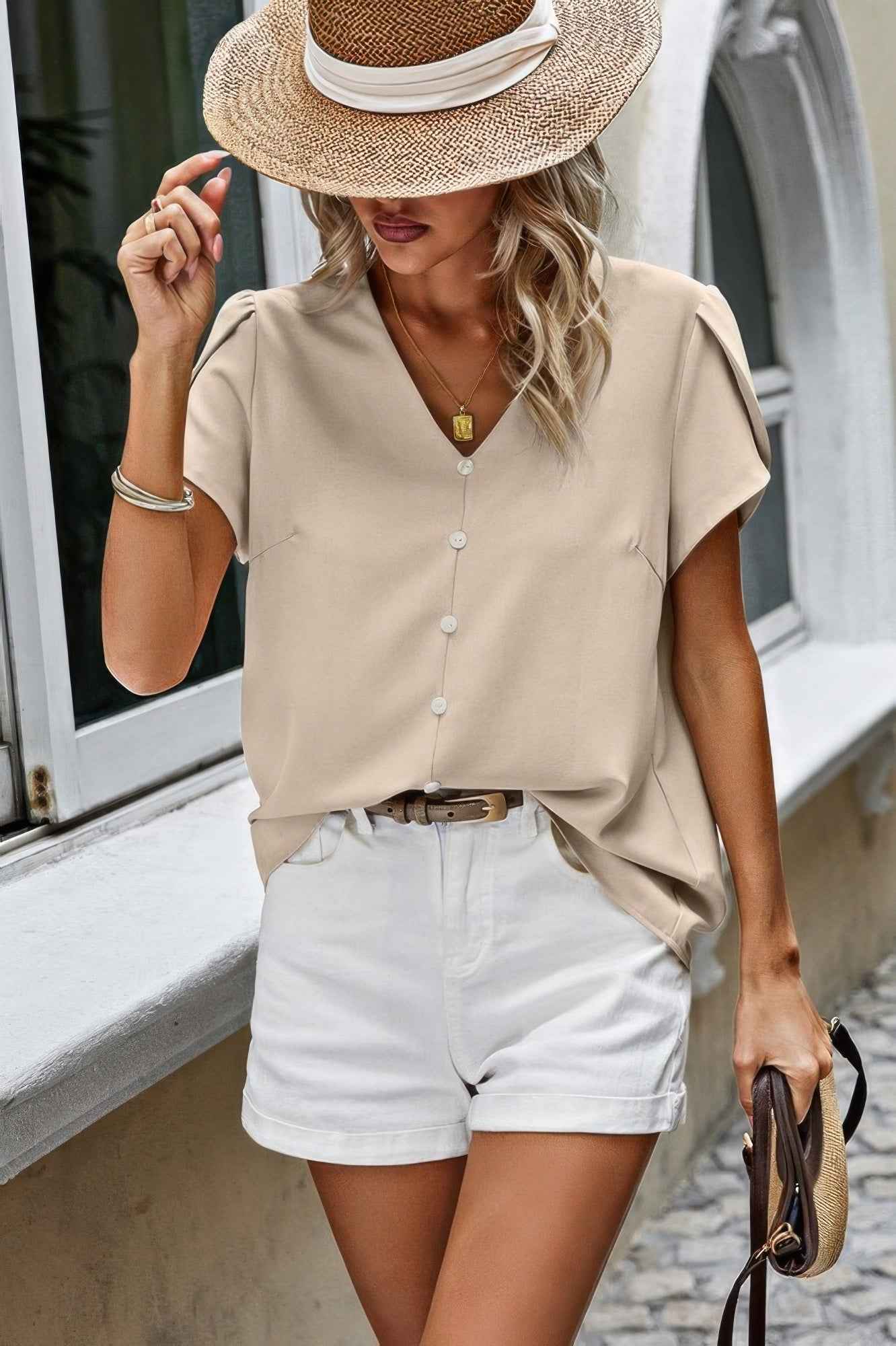 Solid Button Trim V Neck Loose Fit Blouse