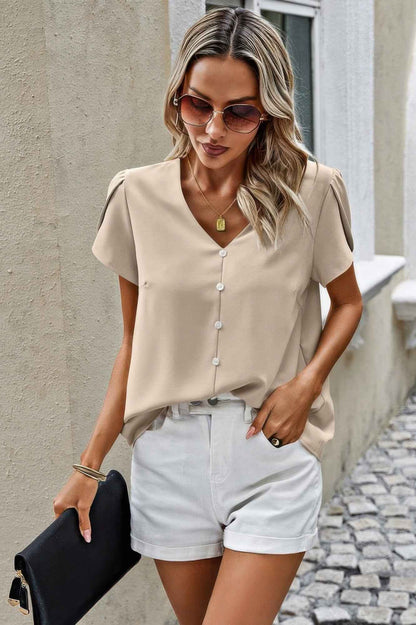 Solid Button Trim V Neck Loose Fit Blouse