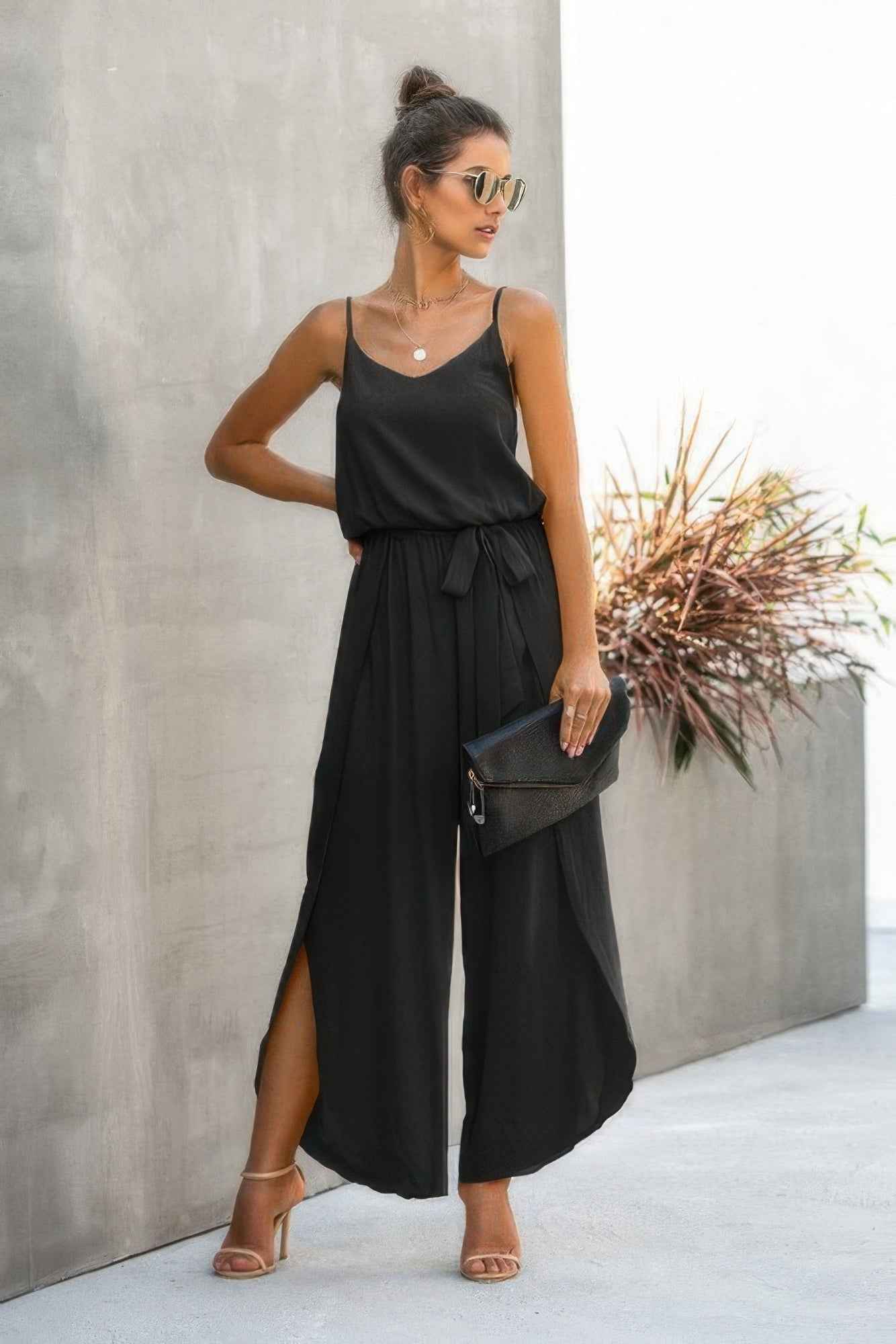 V Neck Suspenders Wide Leg Side Slit Jumpsuit