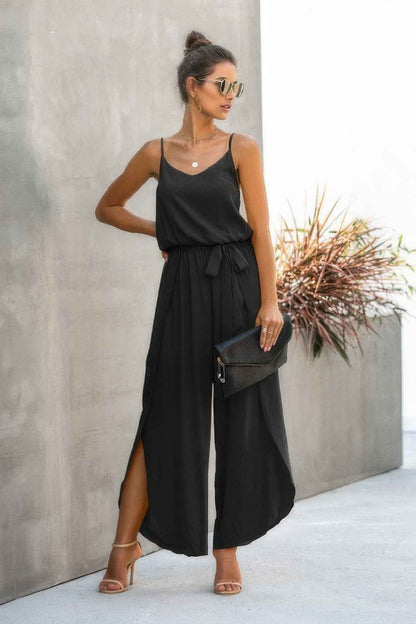 V Neck Suspenders Wide Leg Side Slit Jumpsuit
