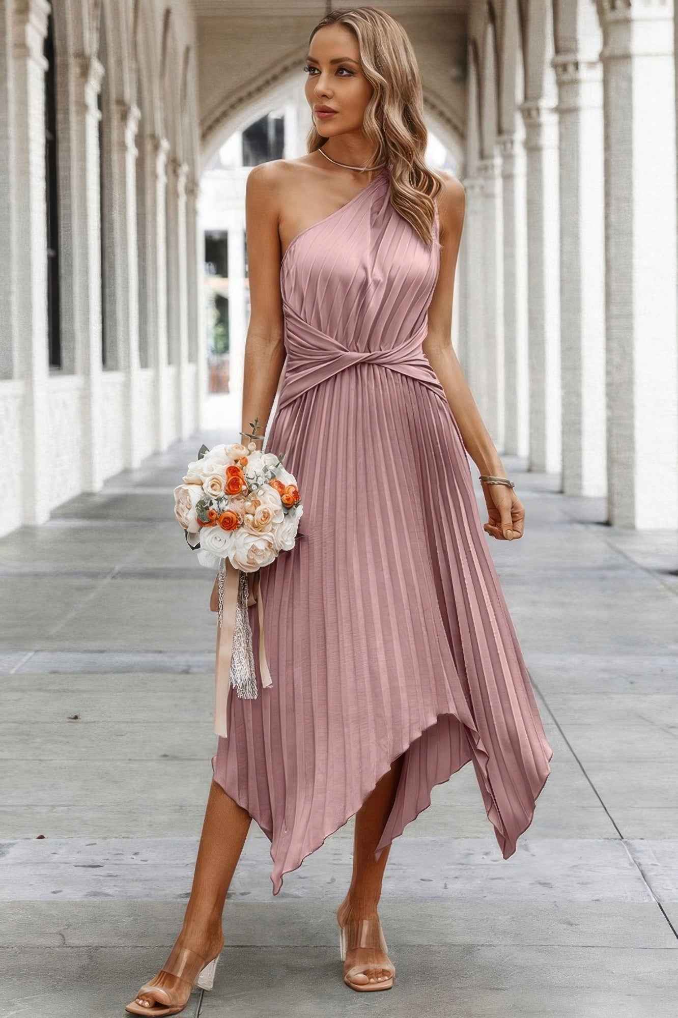 Twist Front Pleated One Shoulder Long Dress
