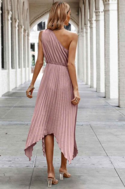 Twist Front Pleated One Shoulder Long Dress