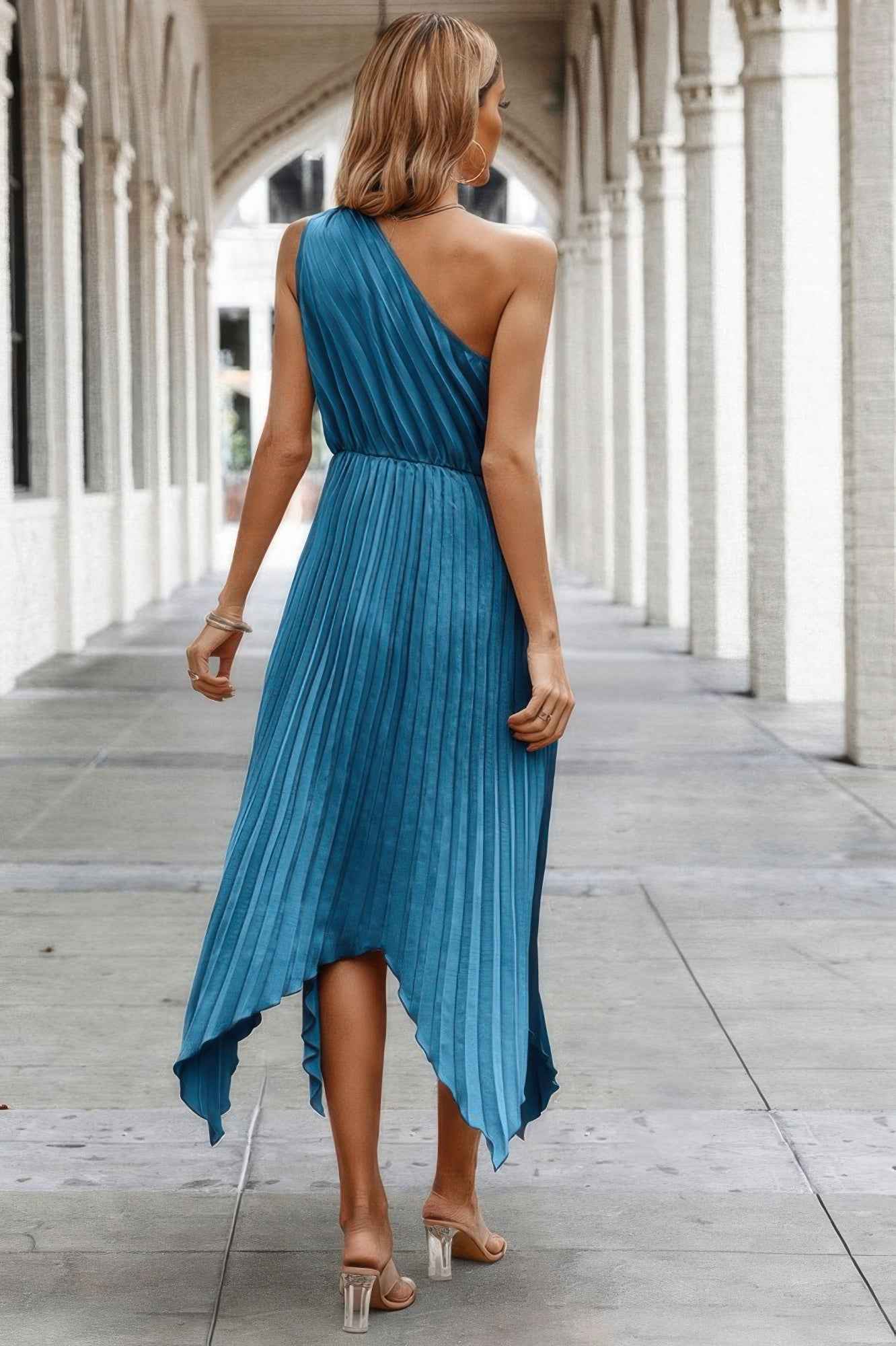 Twist Front Pleated One Shoulder Long Dress