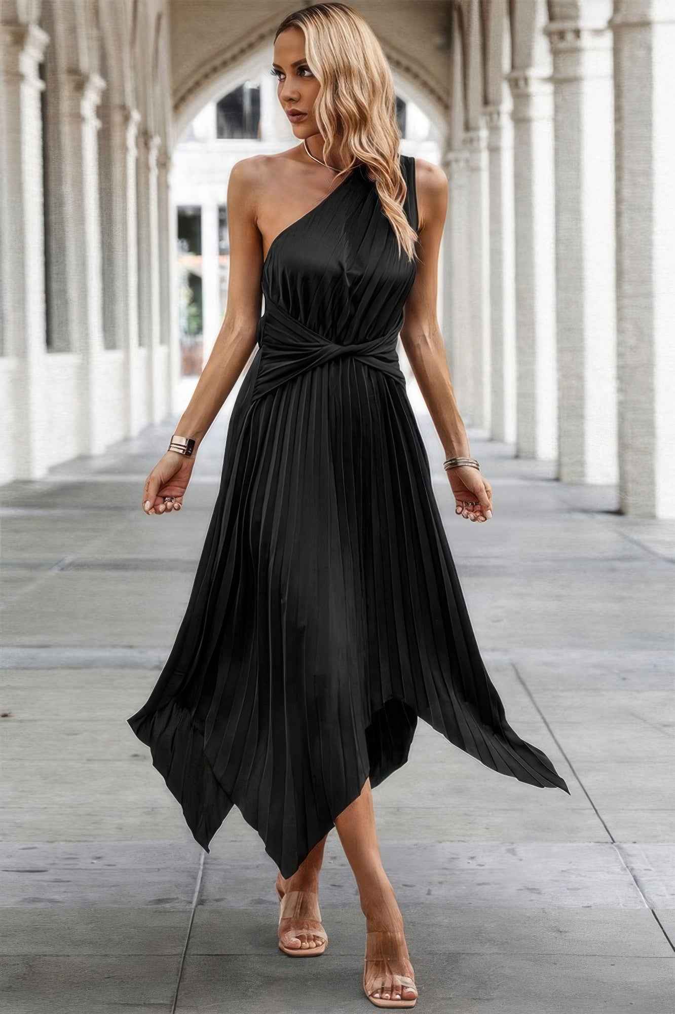 Twist Front Pleated One Shoulder Long Dress