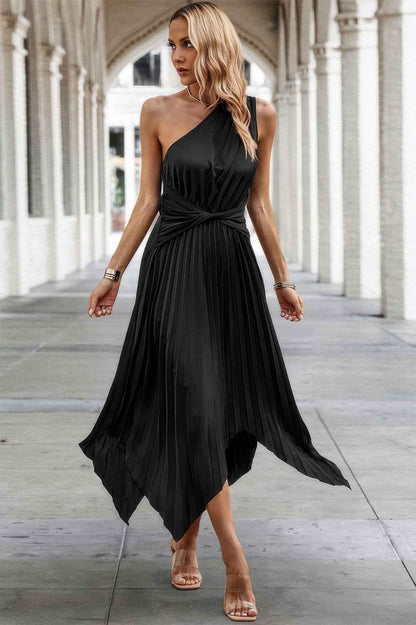 Twist Front Pleated One Shoulder Long Dress