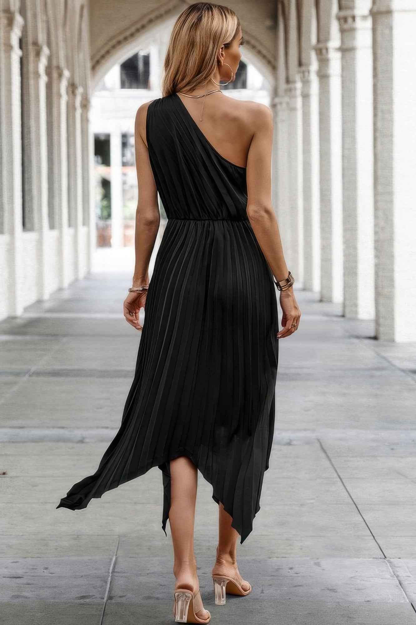 Twist Front Pleated One Shoulder Long Dress