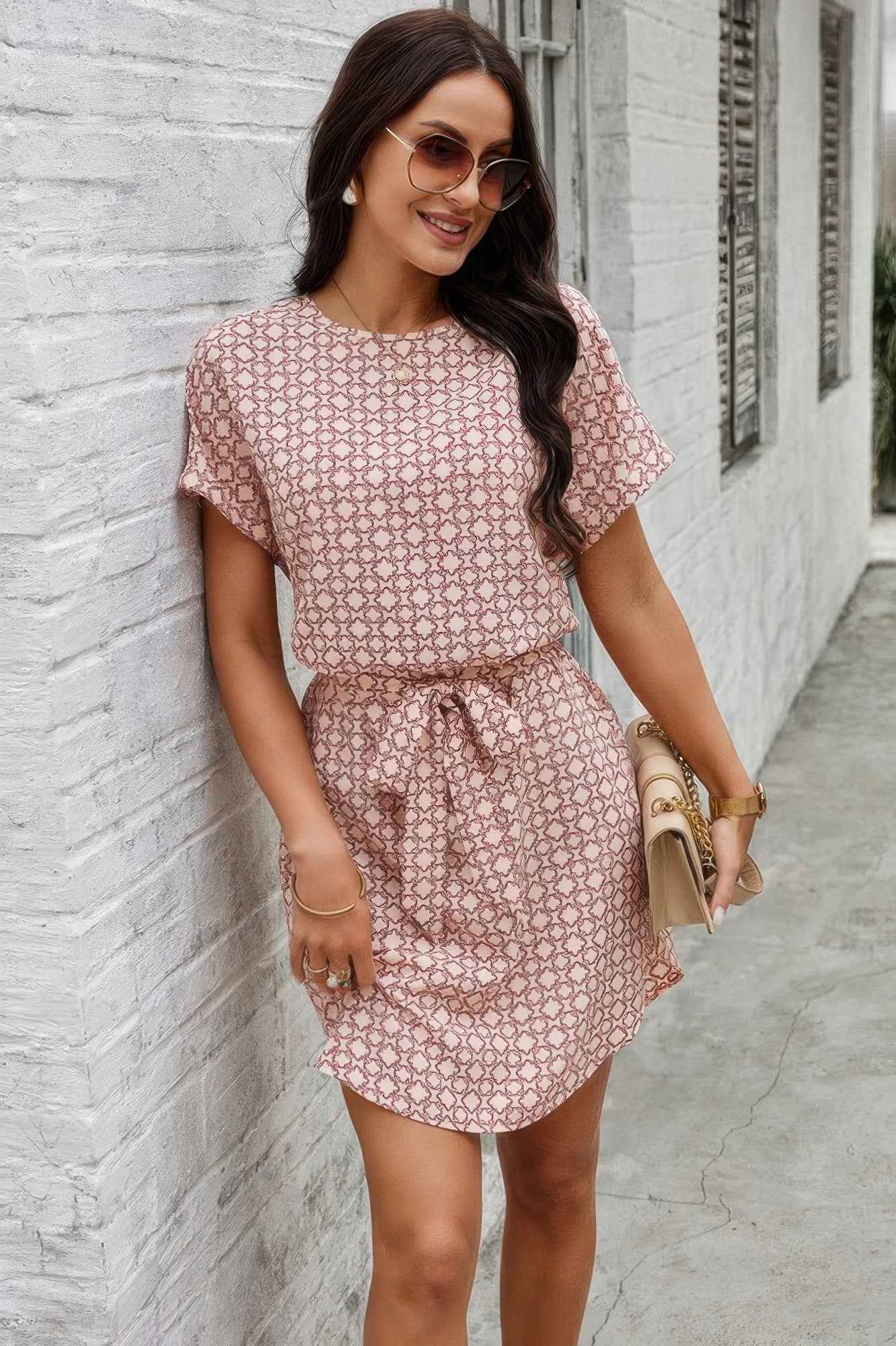 Elegant Crew Neck Batwing Sleeve Printed Dress