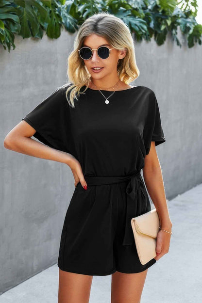 Boat Neck Short Sleeve Waist Tie Loose Romper