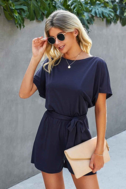 Boat Neck Short Sleeve Waist Tie Loose Romper