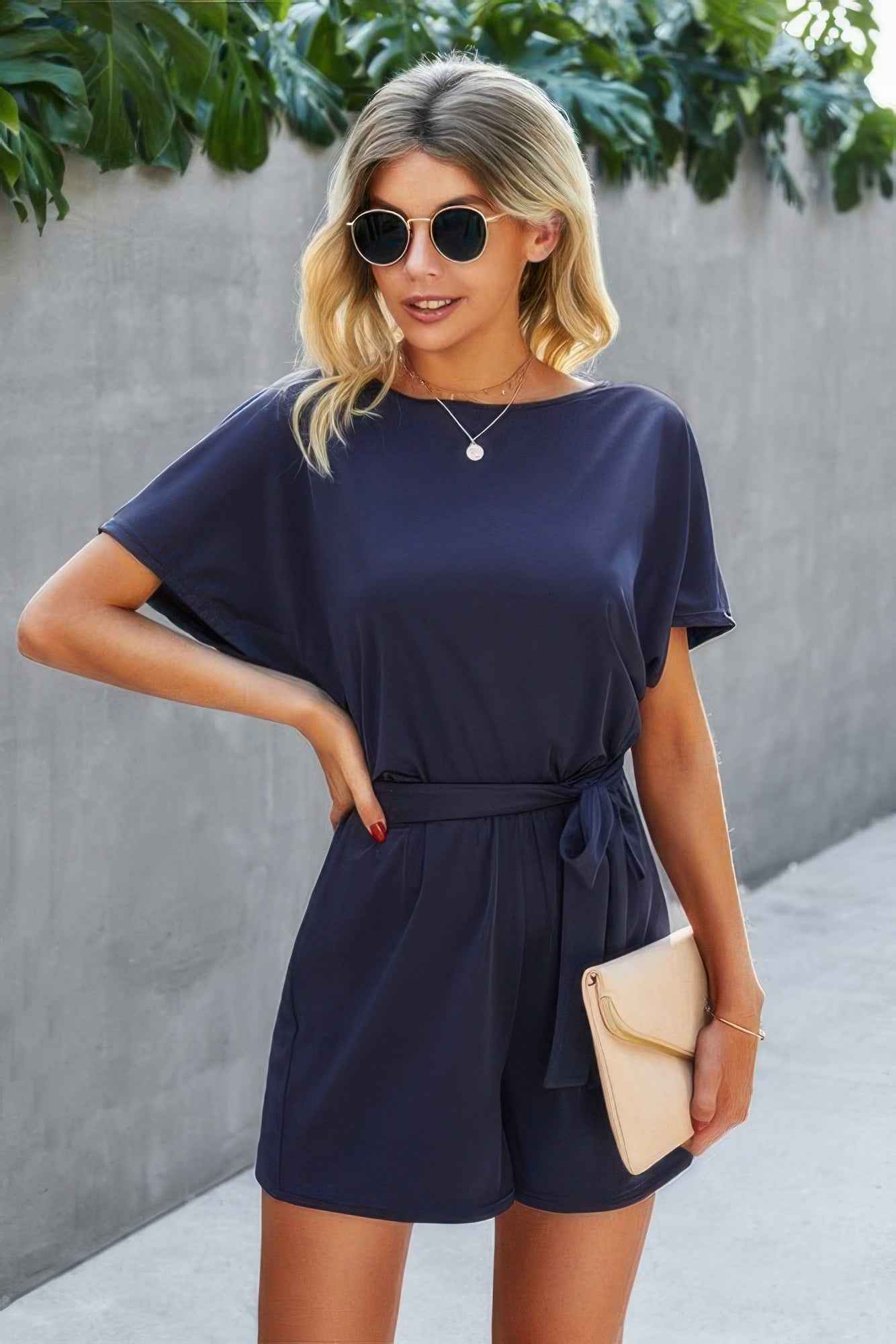 Boat Neck Short Sleeve Waist Tie Loose Romper