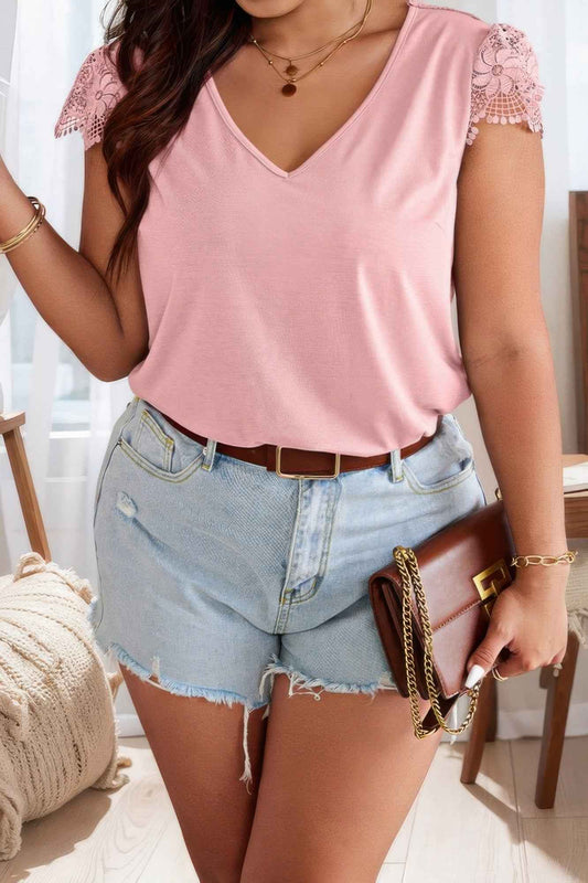 Solid V Neck Lace Splicing Back Bowknot T Shirt