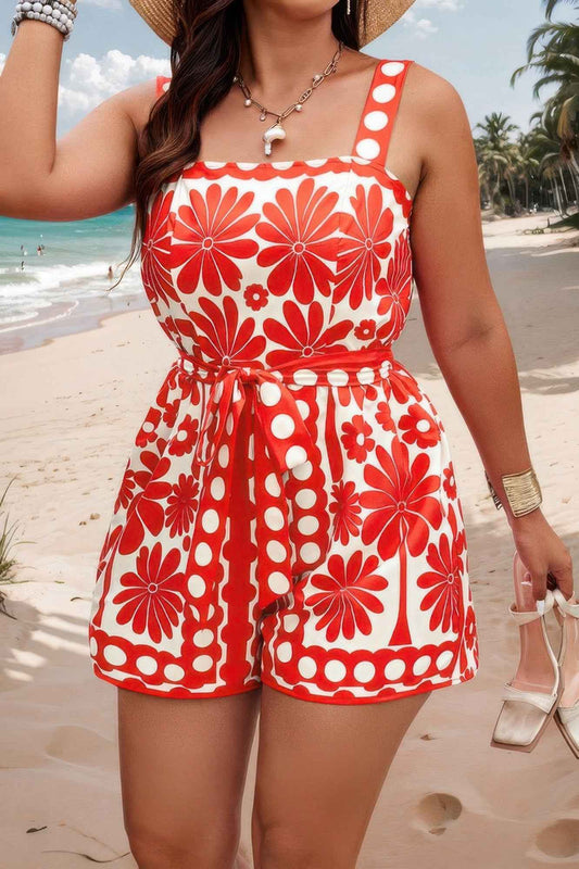 Plus Size Random Printed Belt Sleeveless Romper